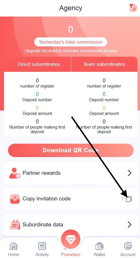 Copy the OK Win invite code from the screen